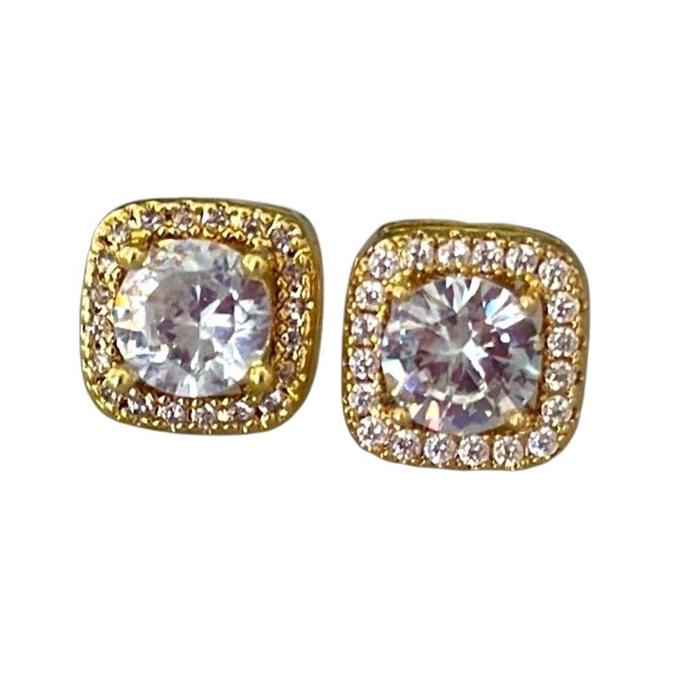 14k Gold Plated CZ Studs – .3” Square Cushion Earrings with Pavé Halo
